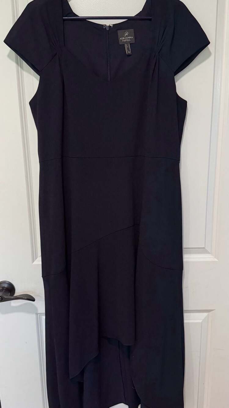 Adrianna Papell Navy Blue Asymmetrical Midi Dress Formal Wedding Guest Size 16